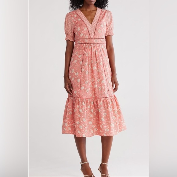 Dresses & Skirts - Maisie Elegant Coral Floral Dress with Crochet Trim Side Zipper Various Sizes